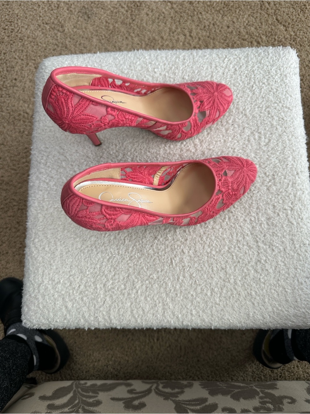 Jessica Simpson Coral-Pink Lace Pointed Toe Pumps